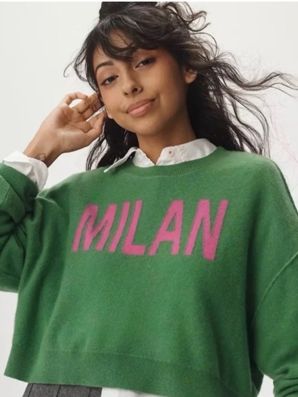 Pilcro Anthropologie Alani Cropped Crewneck Sweater in green with Pink